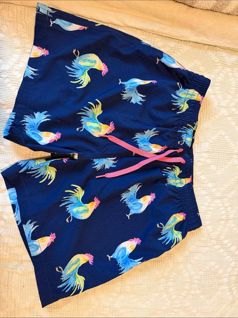Chubbies, Navy Swim Trunks with Multicolor Rooster Print